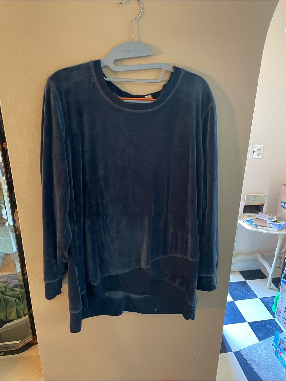 Blue teal velvet Denim & Co. Long Sleeve Pullover